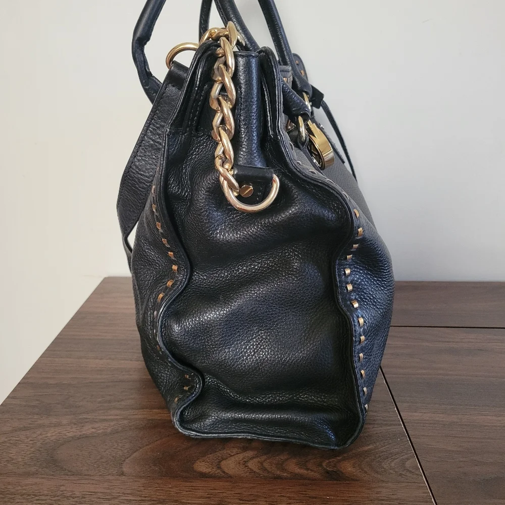 Michael Kors Hamilton Black Leather Satchel Shoulder Bag - Picture 5 of 16